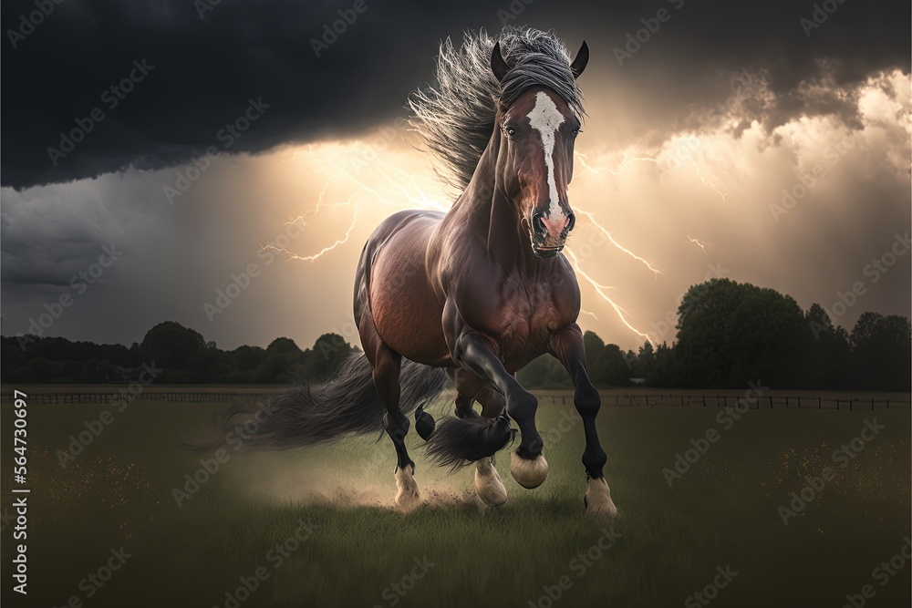 Poster a horse running in a field with a storm in the background and a lightning bolt in the sky above it, 