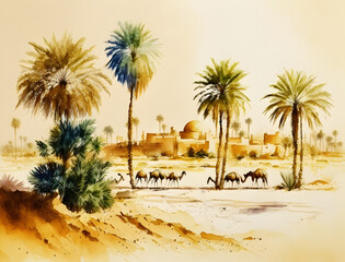 Fototapeta premium Watercolor painting, a landscape of the Arabian Peninsula in the past, for houses, palm trees and camels - used as a wall painting - digital painting