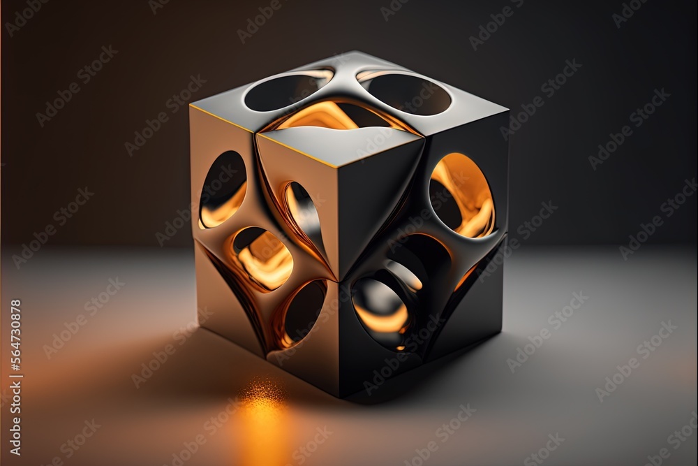 Aufkleber a black and gold cube with speakers on it's sides and a black background with a gold light coming fr