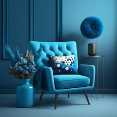Cozy modern living room interior with blue armchair and decoration room on a blue or white wall background
