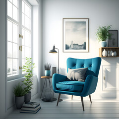 Cozy modern living room interior with blue armchair and decoration room on a blue or white wall background
