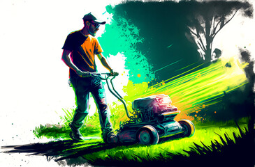 man mowing the grass lawn - obrazy, fototapety, plakaty