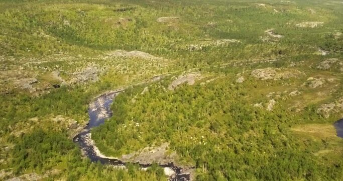 Aerial view of Galggojohka river on the E8 Nordlysveien road in summer when it&acute;s dried up, Storfjord, Troms og Finnmark, Norway. 