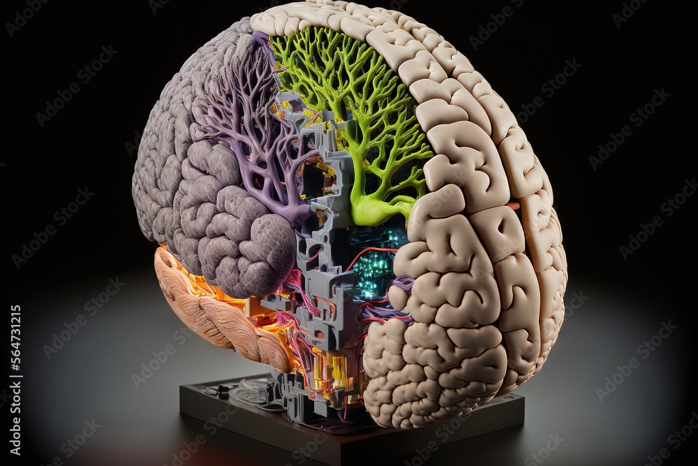 Poster a model of the human brain with the highlighted areas of the brain and the highlighted areas of the 