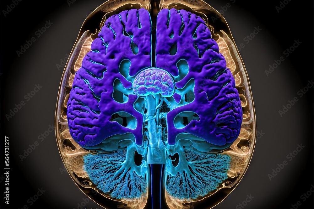 Poster a computer image of a human brain with a blue and yellow structure on it's side and a blue and yello