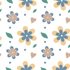 Vector seamless pattern.Simple trendy flowers, leaves and hearts on a white background