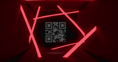 Composition of neon lines over qr code on red background