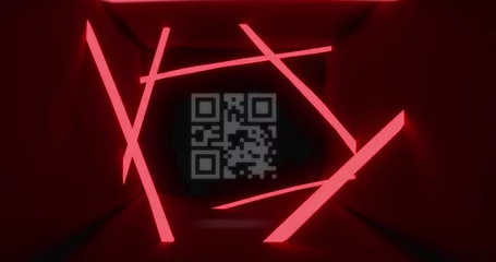  Composition of neon lines over qr code on red background © vectorfusionart