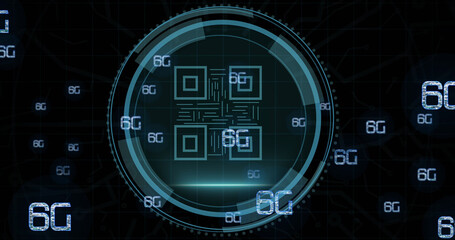 Composition of qr code and scope scanning with 6g texts on black background
