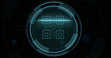 Composition of qr code and scope scanning on black background - Powered by Adobe
