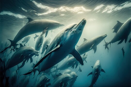  A Large Group Of Dolphins Swimming In The Ocean Together With A Diver In The Background Looking At Them From Below The Water Surface, With A Lot Of Fish Swimming Around Them, And A.  Generative Ai