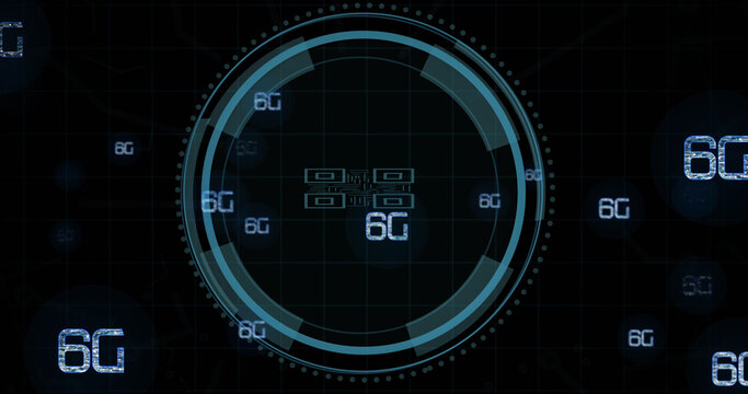 Composition of qr code and scope scanning with 6g texts on black background