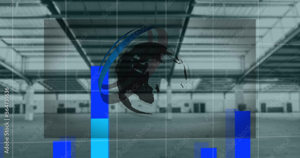 Poster composition of shapes with globe and data processing over empty room