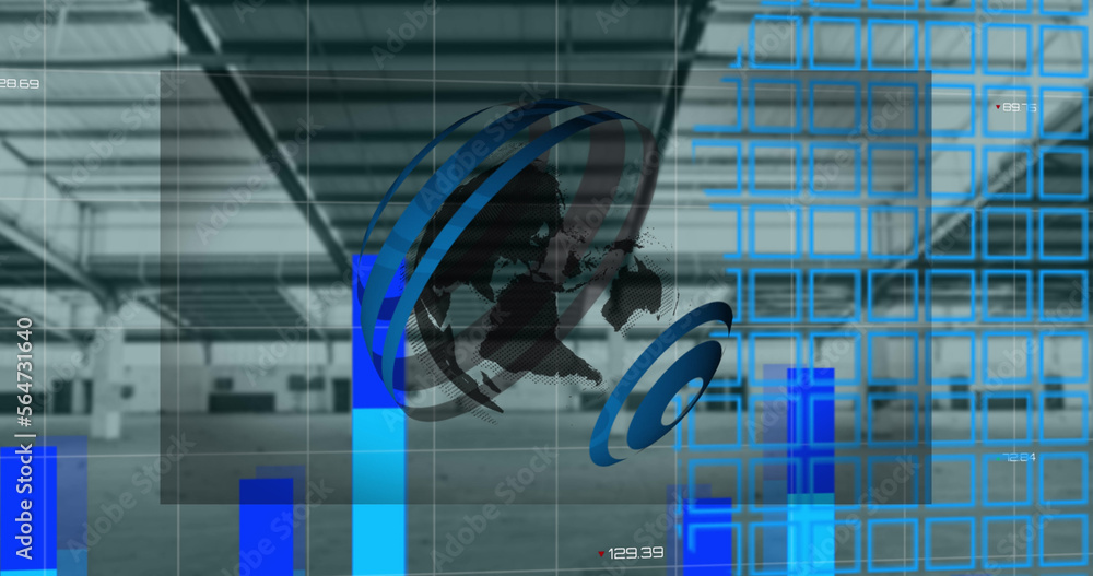 Poster composition of shapes with globe and data processing over empty room