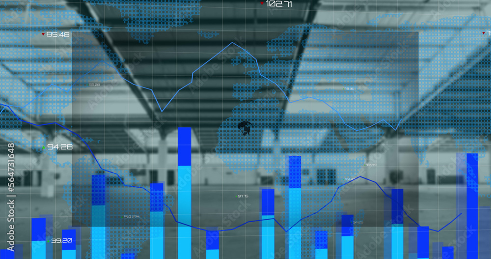 Poster composition of shapes with globe and data processing over world map and empty room