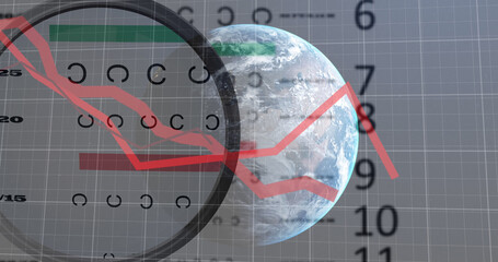 Composition of data processing and globe over shapes and numbers on black background