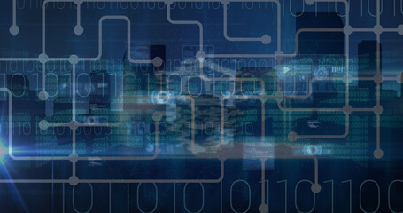 Composition of light spots with network of connections over cityscape and data processing
