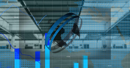 Composition of shapes with globe and data processing over world map and empty room