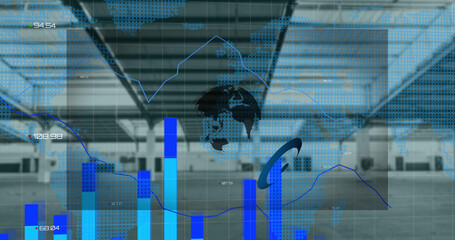 Composition of shapes with globe and data processing over world map and empty room