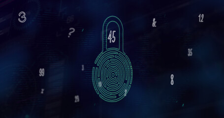 Composition of padlock icon with numbers and letters on black background