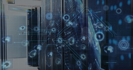 Composition of network of connections with digital screens and globe over server room