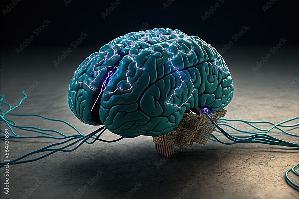 Poster a computer generated image of a brain with wires coming out of it and a wire running through it to t