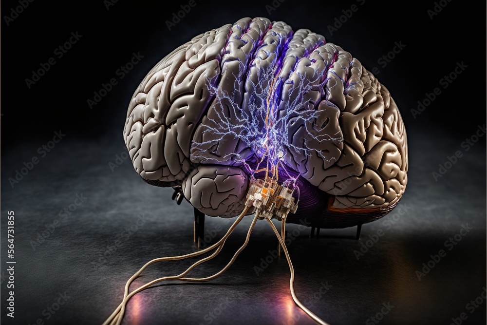 Poster a brain with electrical wires connected to it and a black background with a white light coming from 