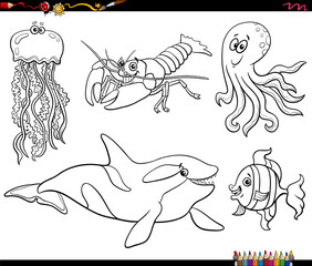 cartoon sea life animal characters set coloring page