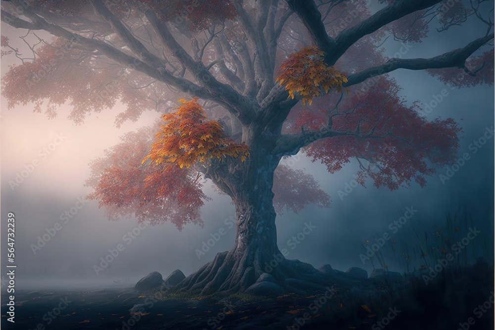Poster a painting of a tree with orange leaves in the foggy forest with rocks and grass on the ground and a