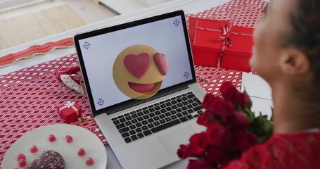 Animation of emoji icon over african american woman using laptop with copy space, slow motion - Powered by Adobe
