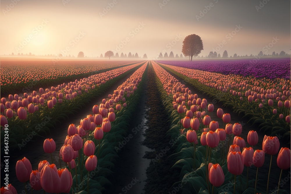 Poster  a field of tulips with a lone tree in the distance at sunset with a foggy sky in the background and a lone tree in the foreground with a single tree in the foreground.  generative ai