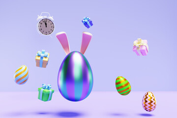 Easter. Colorful eggs with rabbit ears gift boxes on a lilac background. Minimalism 3d rendering