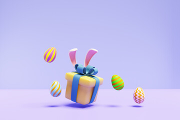 Easter. Gift box with rabbit ears and colorful eggs on a lilac background. Minimalism 3d rendering