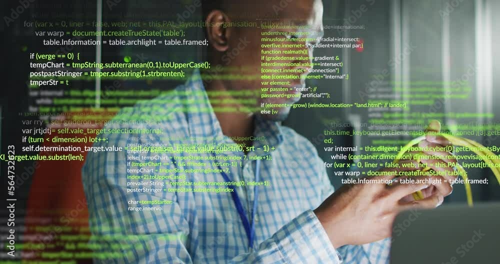 Poster animation of data processing over african american male it engineer and computer servers