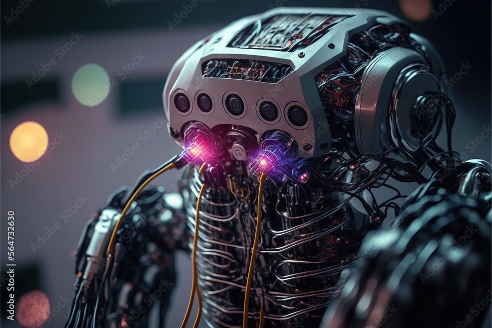 Poster a robot with a red light on its head and wires attached to it's body and headphones attached to the 