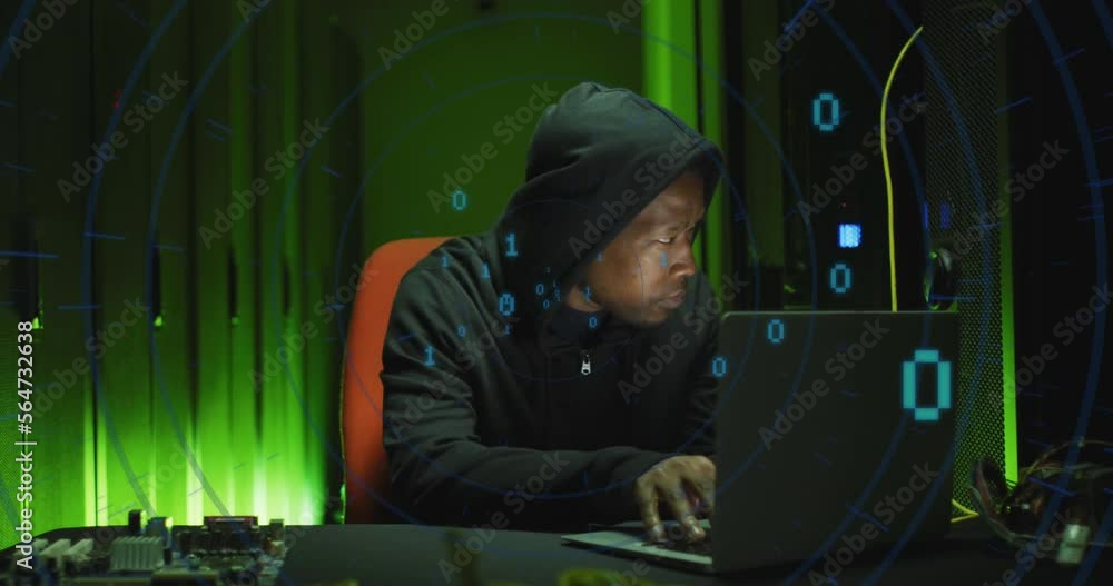 Aufkleber animation of binary coding over african american male hacker with computer and computer servers
