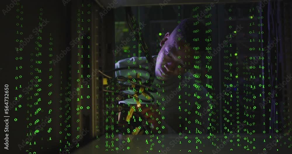 Aufkleber animation of binary coding over african american male it engineer and computer servers