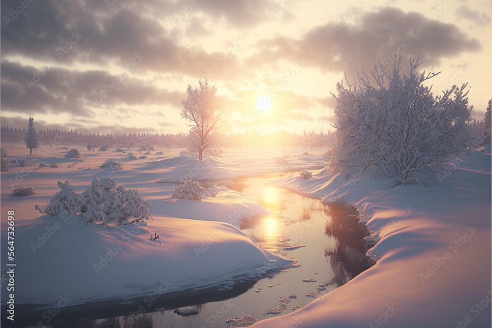 Poster a snowy landscape with a stream and trees at sunset or dawn with a sun setting in the distance and c