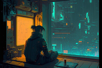 Cyberpunk like guy sitting on the window