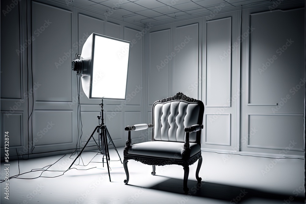 Poster a chair and a tripod in a room with a light on the floor and a camera on the floor in front of it an