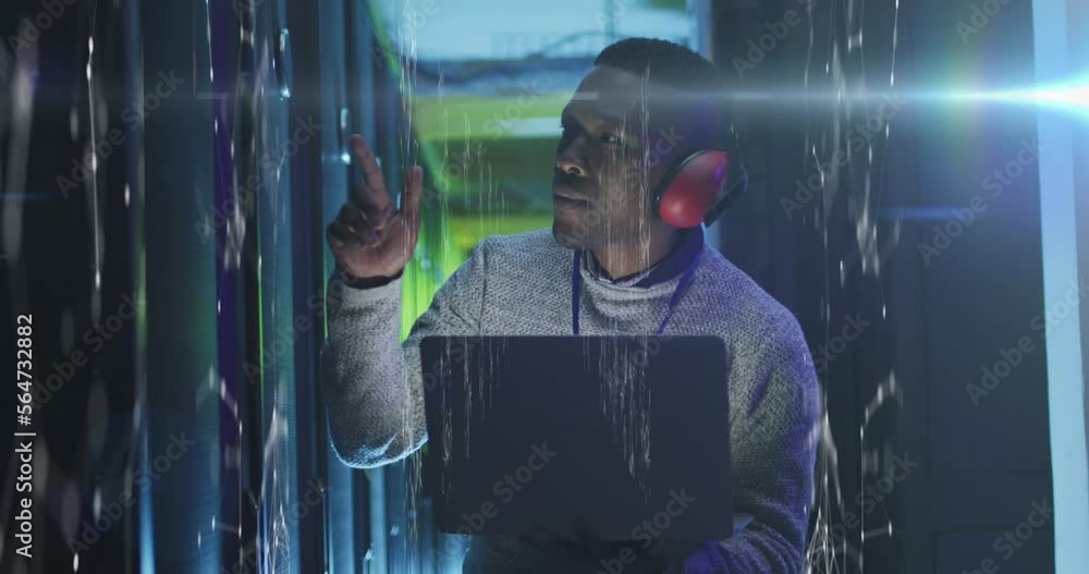 Poster animation of data processing over african american male it engineer and computer servers