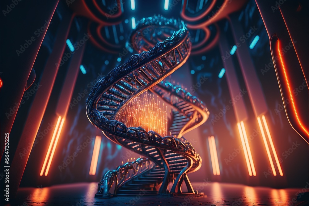 Poster a digital rendering of a spiral staircase in a futuristic setting with neon lights and a neon glow b