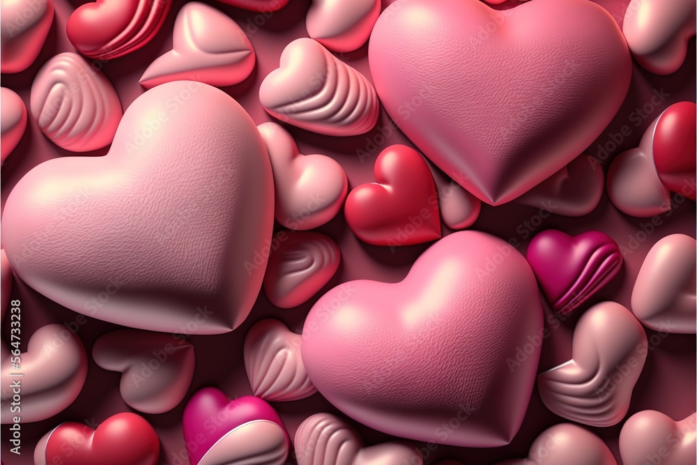 Poster a bunch of hearts that are on a table together, all in pink and red colors, with a heart shaped obje