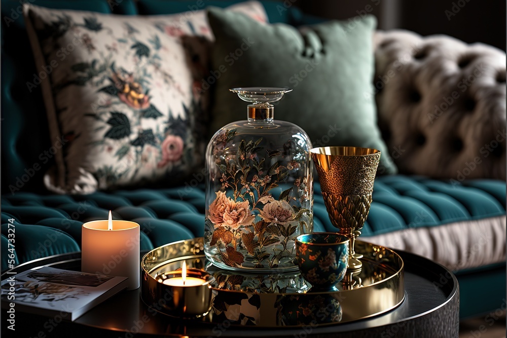 Poster a table with a vase and candles on it in front of a couch with pillows and pillows on it and a candl