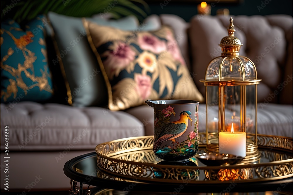 Poster  a table with a candle and a bird mug on it with a bird on it and a bird in a cage on top of it with a flowered pillow behind it and a couch.  generative ai