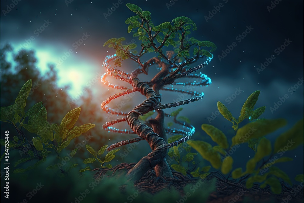 Poster a tree with a spiral design in the middle of it's branches and leaves on the ground, with a full moo