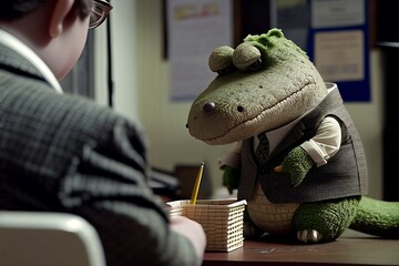 An illustration of a crocodile in a suit being fired in an office, expressing sadness and defeat. Created with generative AI.