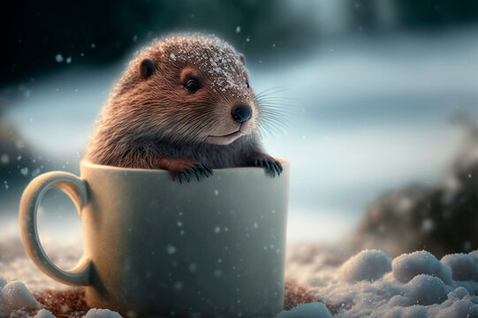 Little cute groundhog sits in a white cup in the snowfall. Groundhog Day. Generative AI