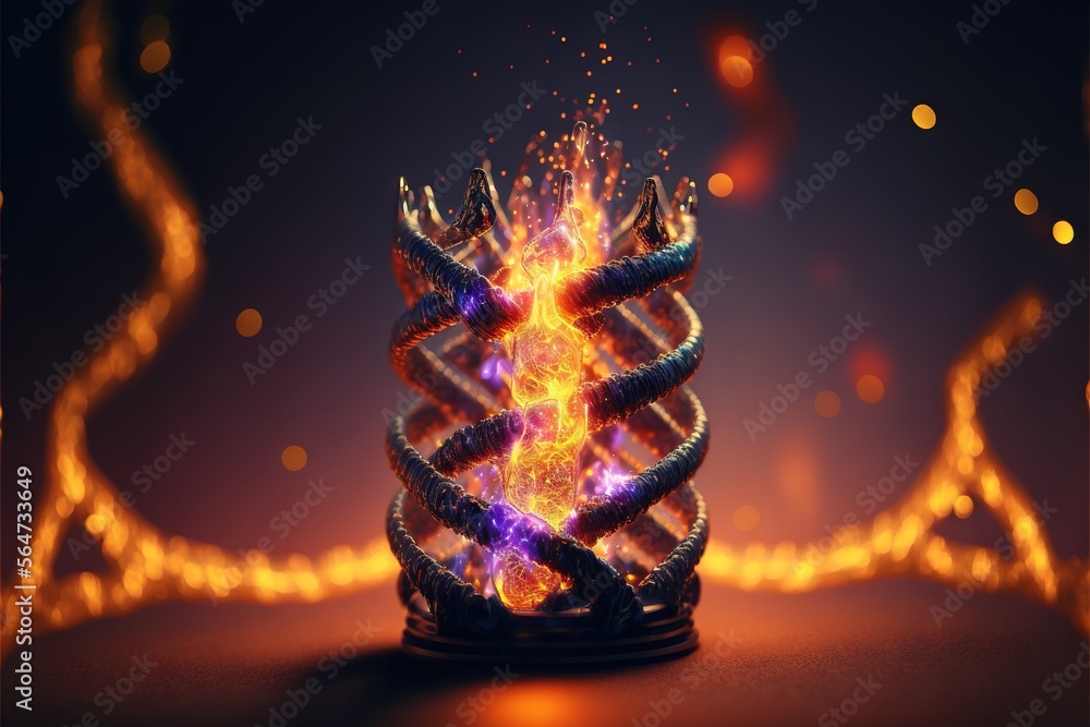 Poster a 3d image of a structure with a fireball in the middle of it and a spiral of fire in the middle of 