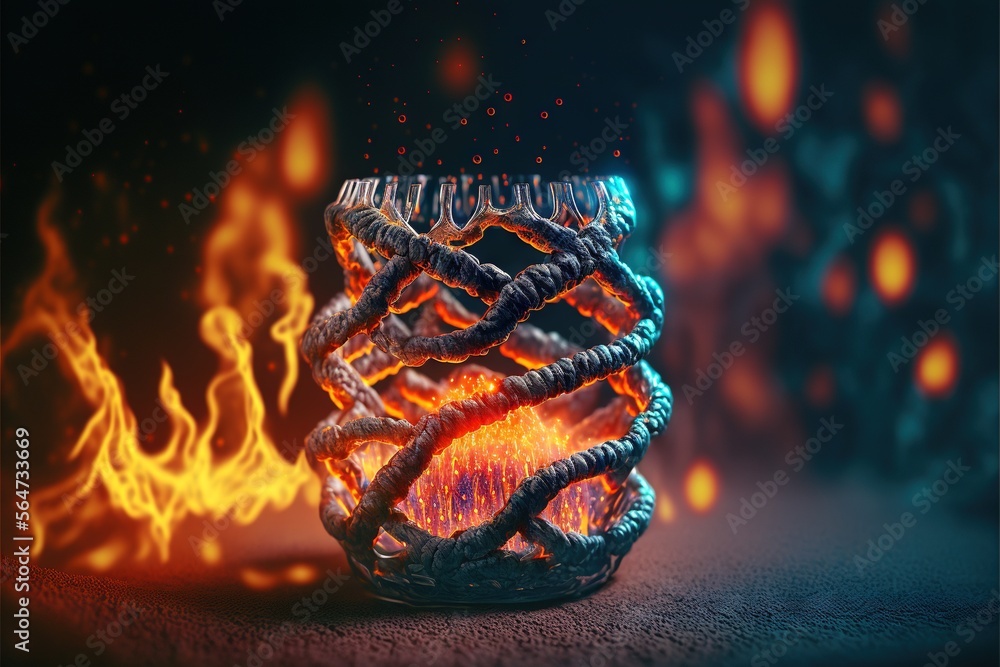 Poster a glass vase with a string wrapped around it in flames and smoke on a black background with a blue a